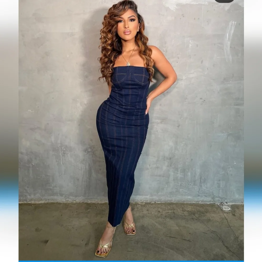 Zara Blue Strapless Midi Dress - Picture 3 of 16